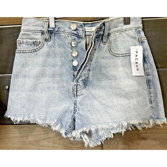 PacSun Women’s Vintage High Rise Distressed Denim Shorts Size 24 Button Fly Lght - Picture 1 of 4